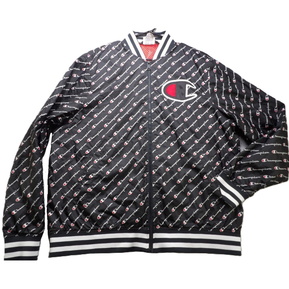 Champion All Over Print Bomber Jacket Men XL Black Script Logo Full Zip Athletic